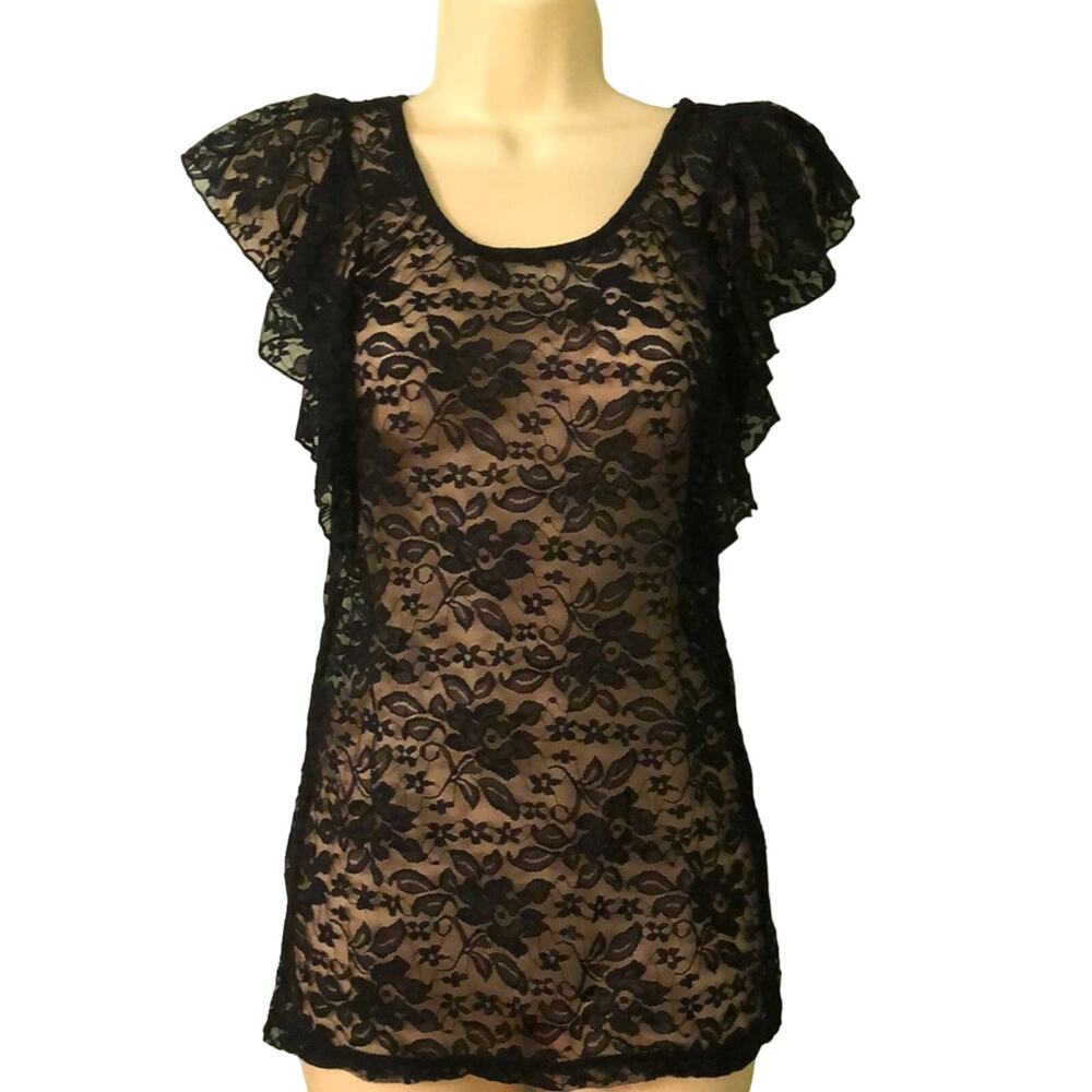 Matri U.S.A. Black Lace top Ruffle Cap Sleeve Size Small USA Y2K Vibe
